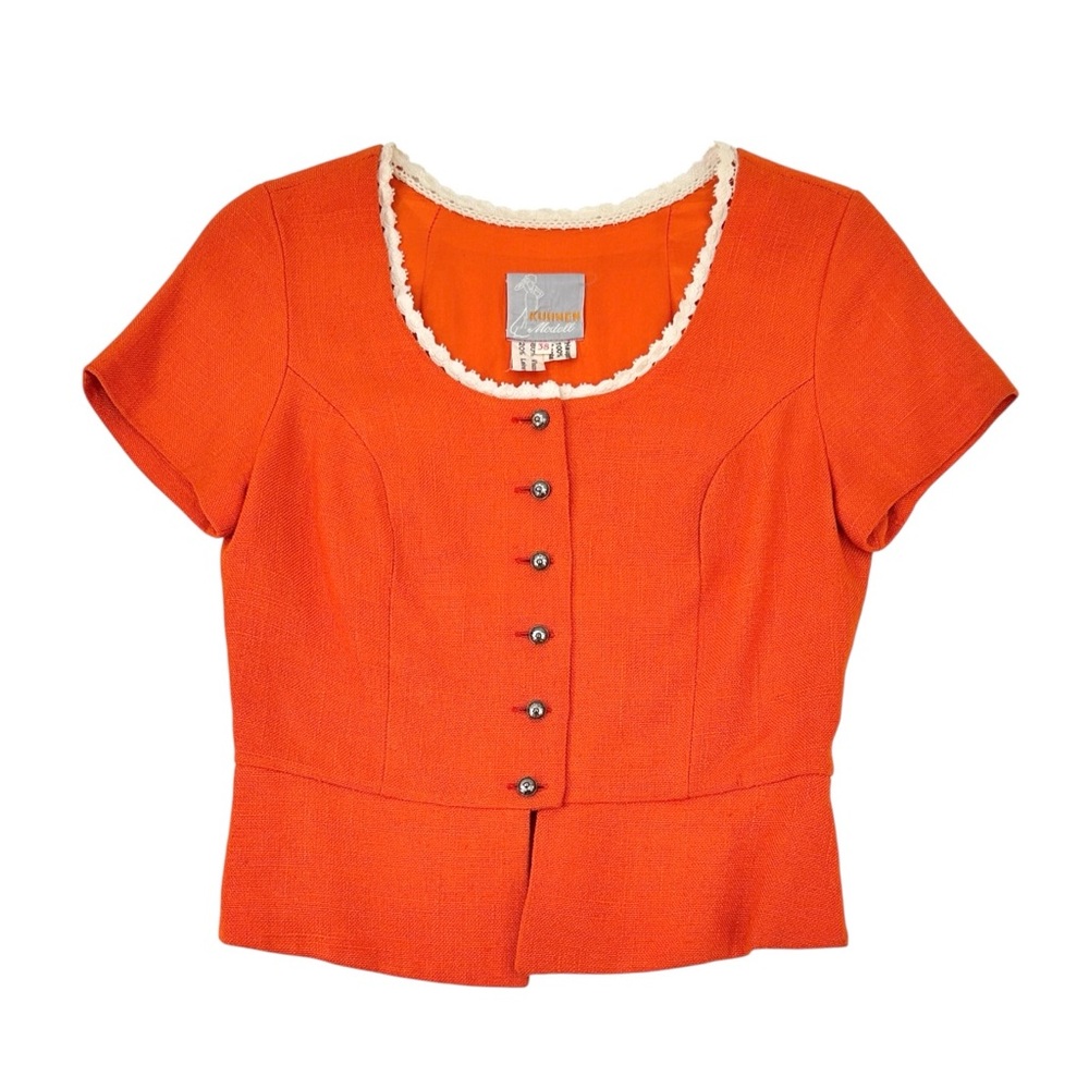 European Vintage Kuhnen Modell Orange Linen Crochet Lace Trim Short Sleeve Top
